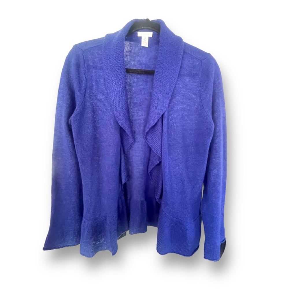 Chico's Cobalt Blue Open Front Ruffle/Waterfall Wool Blend Cardigan Size Large